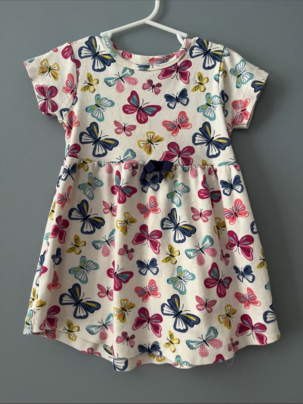 Girls' White Butterfly Print Dress with Pink & Blue Accents